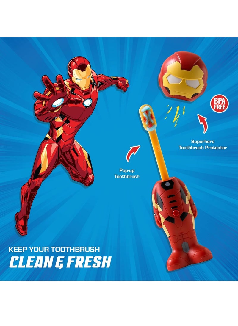Brush Buddies - Brush Buddies Marvel Iron Man Toothbrush for Kids, Soft & Rounded Bristles, Poppin' Fun Kids Toothbrush, Ultra Soft Pop-up Toothbrush with Superhero Toothbrush Cover - Image 1