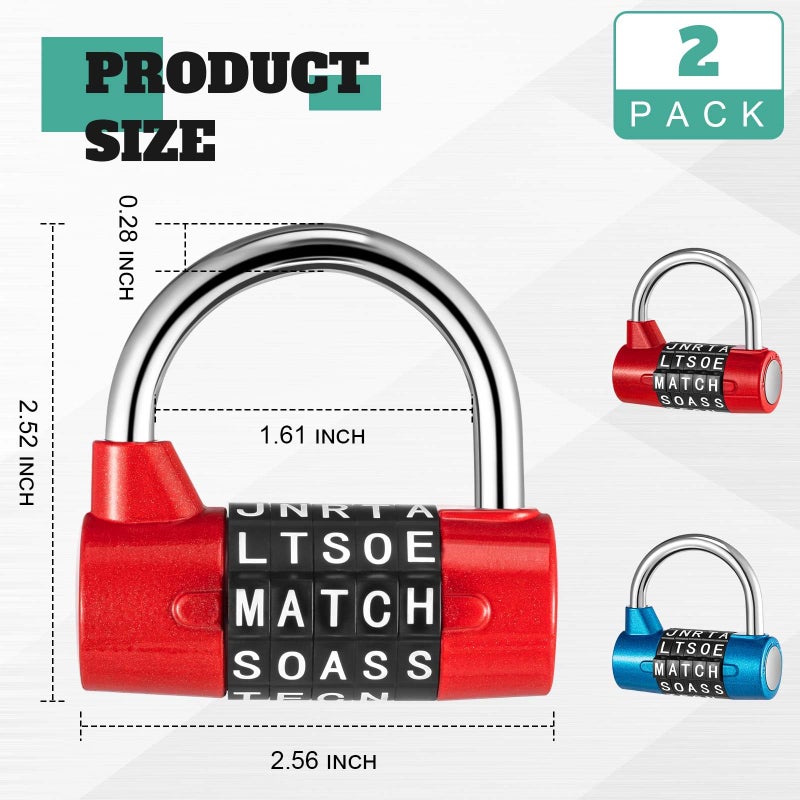 Shimeyao 2 Pcs 5 Letter Combination Lock Metal 5 Digit Lock Heavy Duty Word Gym Locker Keyless Resettable Safety Padlock for School Gym Locker Toolbox Hasp Cabinet(Blue, Red) - Image 2