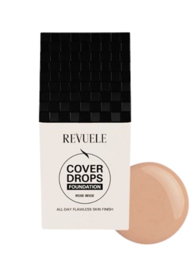 Revuele Cover Drops All Day Flawless Skin Finish Foundation – Rose Beige Long-Lasting Lightweight Liquid Foundation, Buildable Medium-to-Full Coverage, Smooth Natural Skin-Like Finish, Evens & Perfects Complexion, 35ml - Image 1