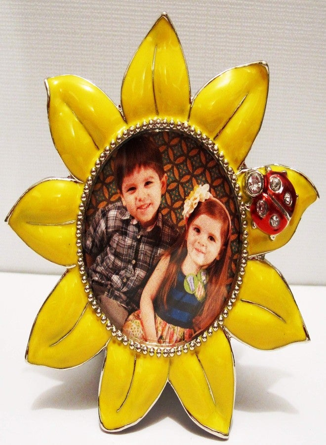 Studio 10 Sunflower Frame, 2"x2" Round Picture Frame with Red Jeweled Ladybug - Image 1