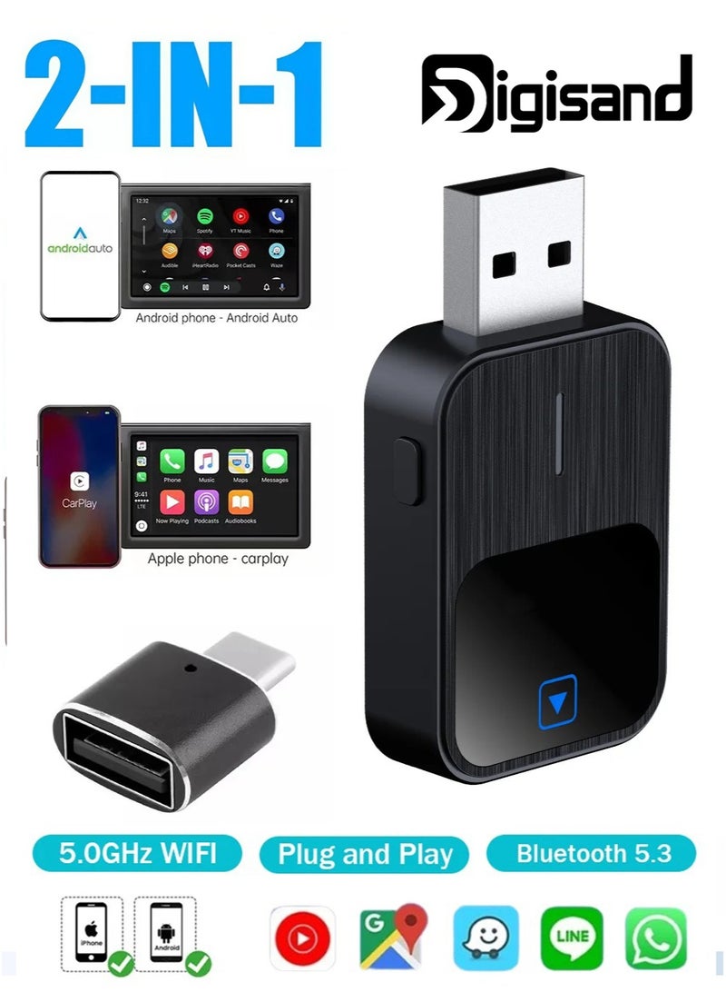 ديقيساند محول لاسلكي 2 في 1 لـ CarPlay  إصدار 2026 الجديد المصغر، يحوّل الاتصال من سلكي إلى لاسلكي للسيارات الأصلية، يدعم CarPlay السلكي و Android Auto، وضع مزدوج، سهل الاستخدام، يدعم Apple CarPlay و FOTA، متوافق مع Apple iPhone بنظام iOS 12 و Android 11 أو أحدث. - Image 1
