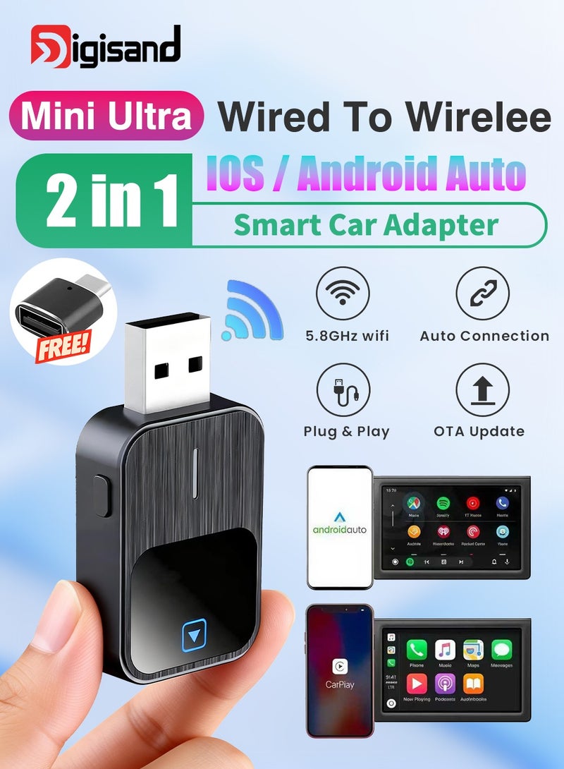 ديقيساند محول لاسلكي 2 في 1 لـ CarPlay  إصدار 2026 الجديد المصغر، يحوّل الاتصال من سلكي إلى لاسلكي للسيارات الأصلية، يدعم CarPlay السلكي و Android Auto، وضع مزدوج، سهل الاستخدام، يدعم Apple CarPlay و FOTA، متوافق مع Apple iPhone بنظام iOS 12 و Android 11 أو أحدث. - Image 1