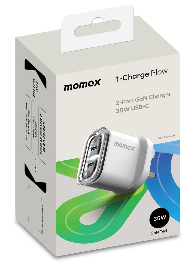 Momax - UM51 1-Charger Flow 2-Port [35W] Fast Wall Charger [GaN Tech] 2x USB-C PD 3.0 Charging Adapter Compatible with Macbook Laptop Smartphone Tablet - White - Image 1