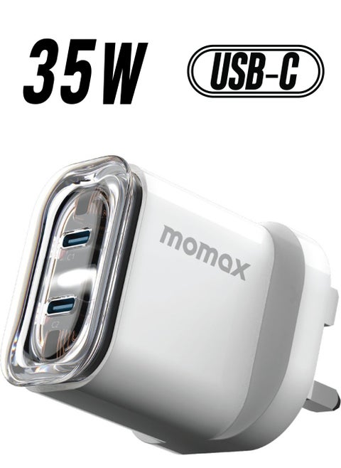 UM51 1-Charger Flow 2-Port [35W] Fast Wall Charger [GaN Tech] 2x USB-C PD 3.0 Charging Adapter Compatible with Macbook Laptop Smartphone Tablet - White
