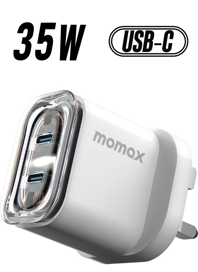 Momax - UM51 1-Charger Flow 2-Port [35W] Fast Wall Charger [GaN Tech] 2x USB-C PD 3.0 Charging Adapter Compatible with Macbook Laptop Smartphone Tablet - White - Image 1