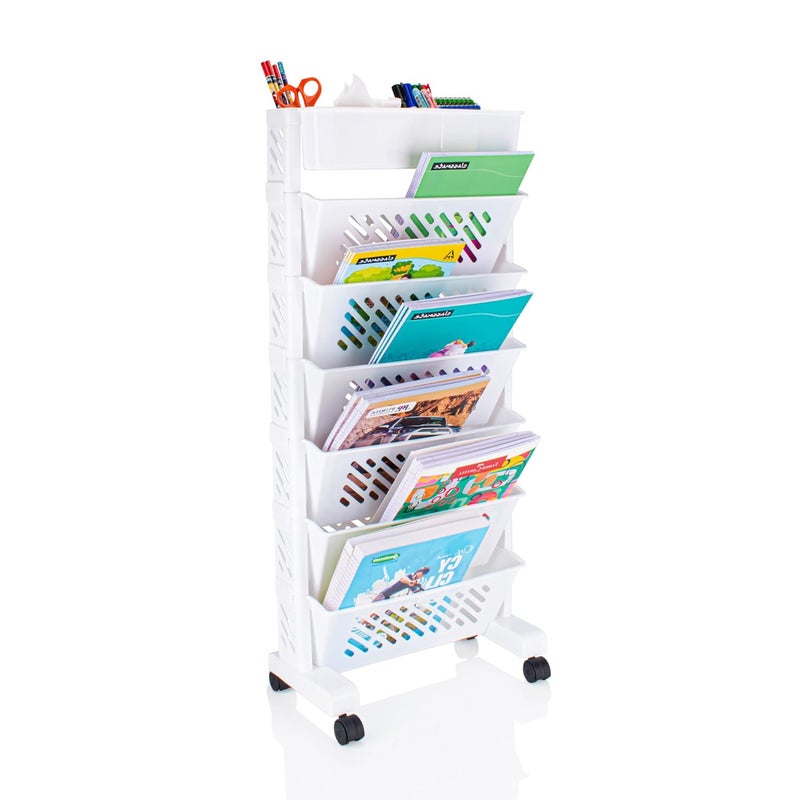 Vallaree Movable Book Shelf 6Layer Rotatable Book Rack Plastic Rolling Storage Organizer Book Rack for Kids Students Bedroom Home Office and School Use 92cmx39cmx19cm6XL Book Shelf White - Image 1