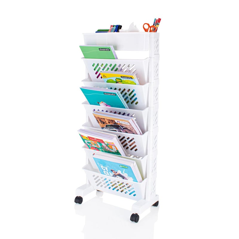 Vallaree Movable Book Shelf 6Layer Rotatable Book Rack Plastic Rolling Storage Organizer Book Rack for Kids Students Bedroom Home Office and School Use 92cmx39cmx19cm6XL Book Shelf White - Image 5