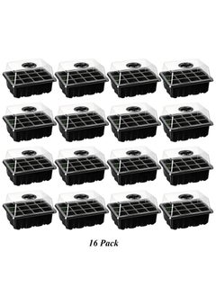 Gerenic 16 Pack Seed Trays, 192 Cells Total Tray, Plastic Seedling Starter Tray Kit with Dome, Humidity Adjustable Seed Growing Trays, Plant Germination Trays Greenhouse Trays with Black Base  - Image 1