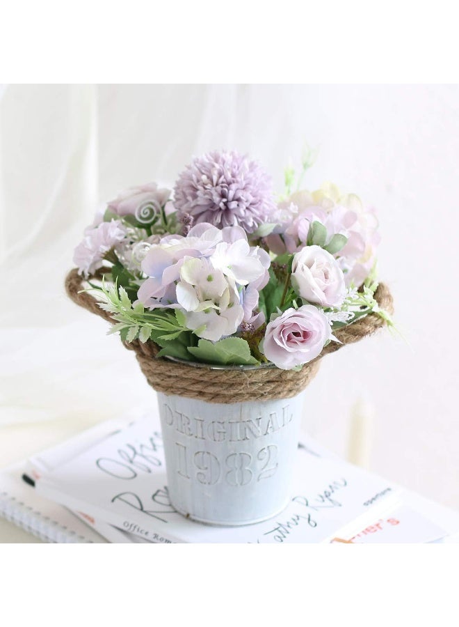 ألاماريك زهور هدرانجيا اصطناعية مع أصيص، نباتات صناعية ١١ × ٢٠ سم في أصيص معدني، زهور ورود حريرية لتزيين المنزل والمكتب وطاولة المطبخ وحافة النافذة، هدية لمنزل جديد (بنفسجي) - Image 1