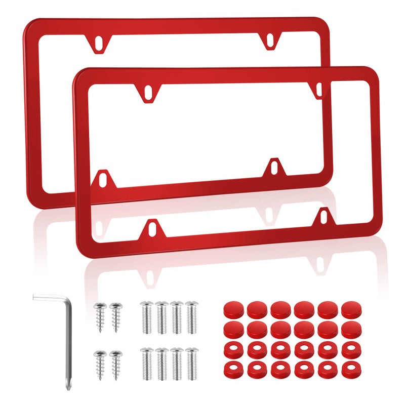 Alpmosn 2PCS Stainless Steel License Plate Frames 4 Holes Car Licence Plate Covers with Screws Washers and Caps Car Exterior Accessories License Plate Holder for US Vehicles Red
