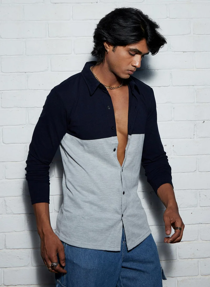 كامبوس سوترا Men's Navy Blue & Light Grey Contrast Panel Shirt For Casual Wear | Spread Collar | Long Sleeve | Button Closure | Cotton Shirt Crafted With Comfort Fit For Everyday Wear