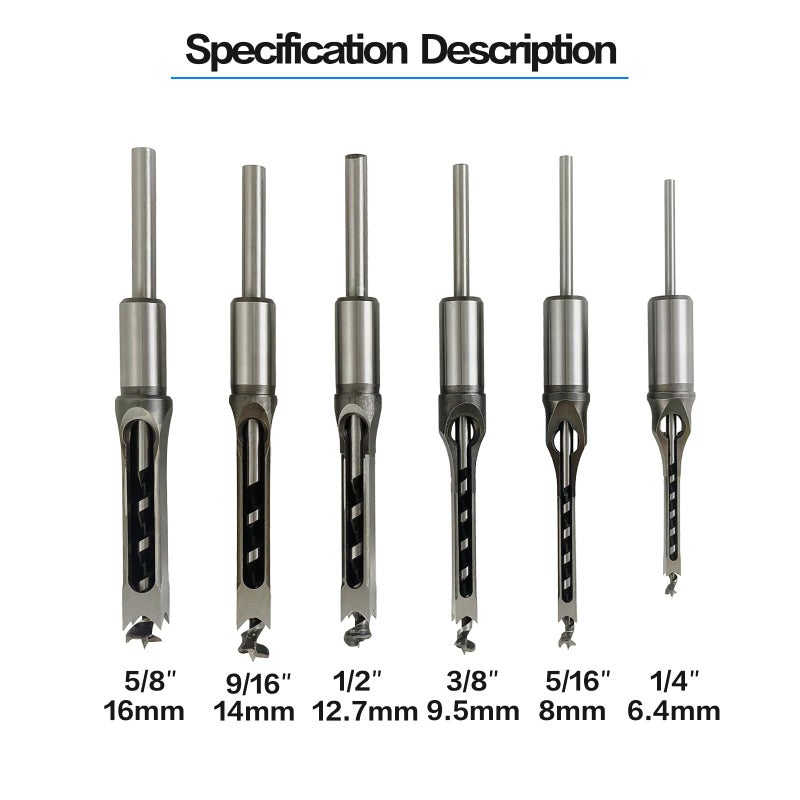 AeKeatDa 6pcs Square Hole Mortise Chisel Drill Bit Tools, 5/8" 9/16" 1/2" 3/8" 5/16" 1/4" for Precise Woodworking - Image 2