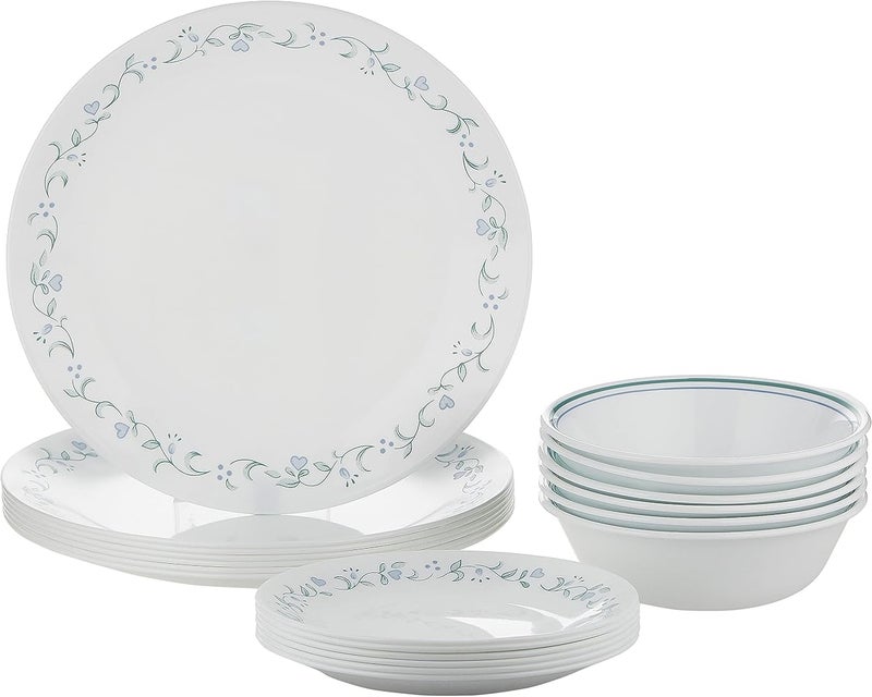 كوريل 1 Corelle طقم عشاء من زجاج Vitrelle مكون من 18 قطعة، نقش كوخ ريفي، مقاوم للتشقق والكسر، يكفي 6 أشخاص، أخضر/أزرق - Image 1
