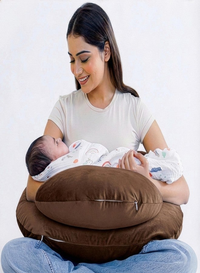 Cherilo Nursing Pillow for Breastfeeding, Plus Size Breast Feeding Pillow with Security Fence Design for Extra Baby Support, Adjustable Belt Strap | Removable Premium Velvet Cover | Brown - Image 1