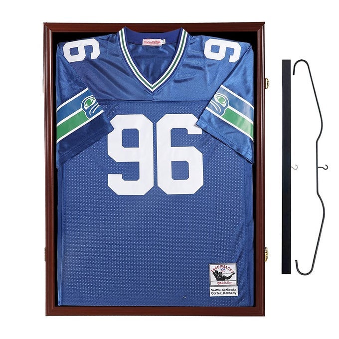 Jersey Frame Display Case Large Lockable Frames Shadow Box with UV Protection Acrylic for Baseball Basketball Football Soccer Hockey Sport Shirt Hanger and Wall Mount Option Mahogany Finish