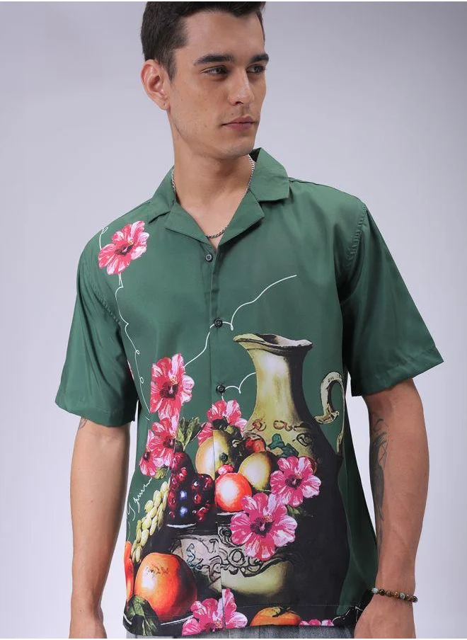 شركة المرآب الهندية Men Oversized Graphic Print Half Sleeves Cuban Collar Street Wear Shirt