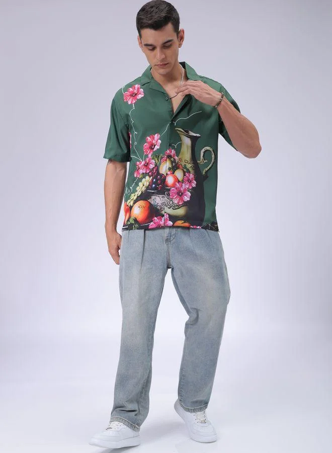 شركة المرآب الهندية Men Oversized Graphic Print Half Sleeves Cuban Collar Street Wear Shirt