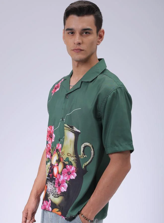 شركة المرآب الهندية Men Oversized Graphic Print Half Sleeves Cuban Collar Street Wear Shirt
