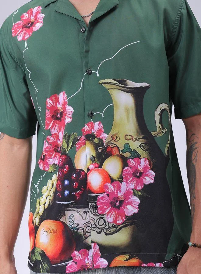 شركة المرآب الهندية Men Oversized Graphic Print Half Sleeves Cuban Collar Street Wear Shirt