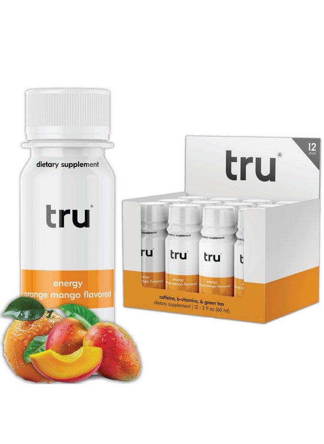 Tru Tru Energy Shot, Orange Mango Flavored Extra Strength Energy Shots - Zero Sugar Energy Drink plus Vitamin B3, B6, B12, and Green Tea - Natural Caffeine, GF, Keto, Vegan Supplement, 2oz (Pack of 12)  - Image 1