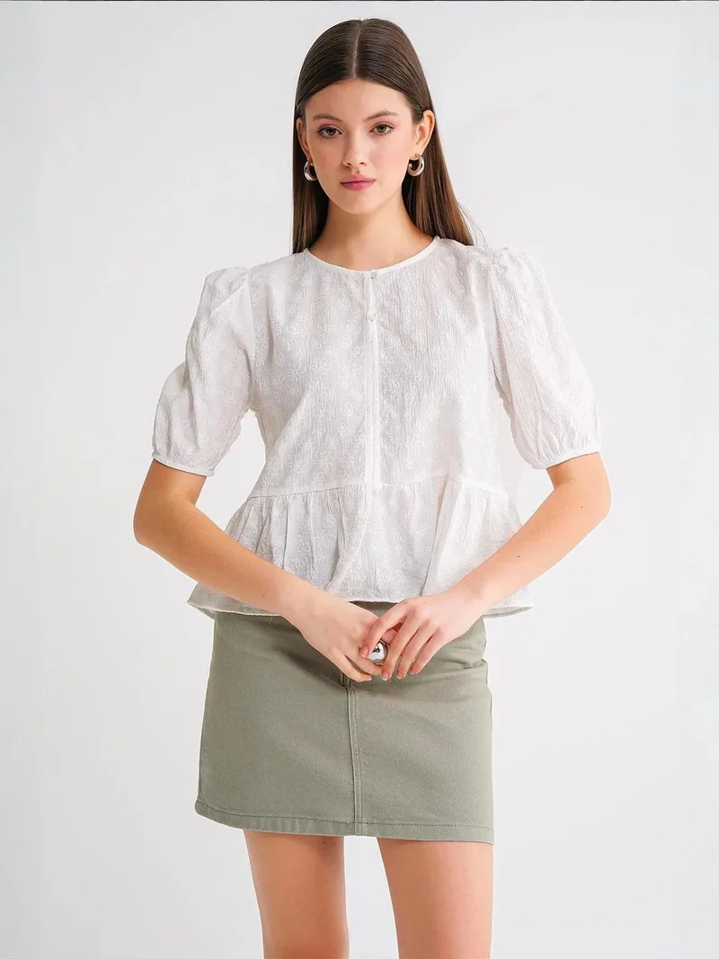 MixRay Mixray Frilly Crew Neck Blouse