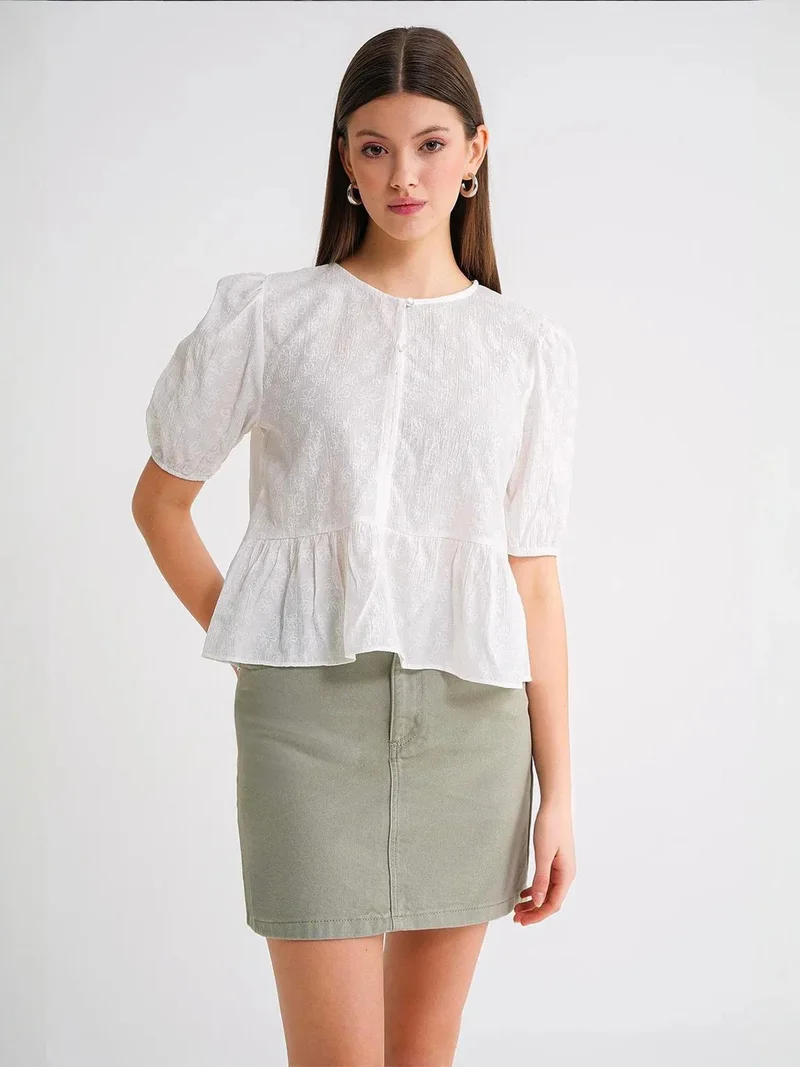 MixRay Mixray Frilly Crew Neck Blouse