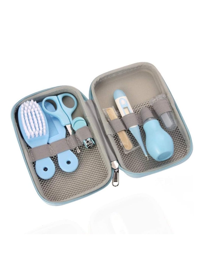 FengSVMA Baby Grooming Kit, 8 in 1 Baby Hair Brush/Nail Clipper/Nose Cleaner/Finger Toothbrush/Nail Scissors/Manicure Kit for Baby Care Keep Healthy and Clean(Blue) - Image 1