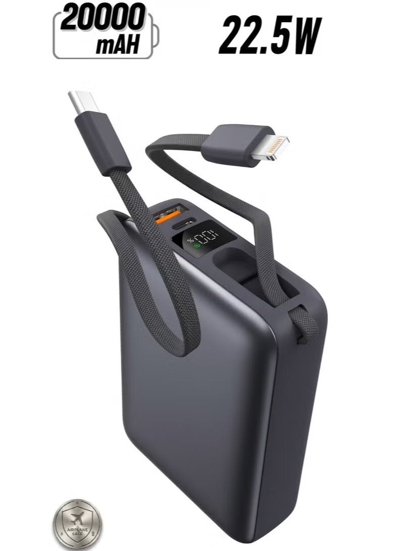io suite The iOsuite compact 20000mAh power bank features 22.5W fast charging, is air travel-safe, charges up to 4 devices simultaneously, includes a built-in USB-C and Lightning cable, USB-C and USB-A ports, and a digital display – Gray - Image 4