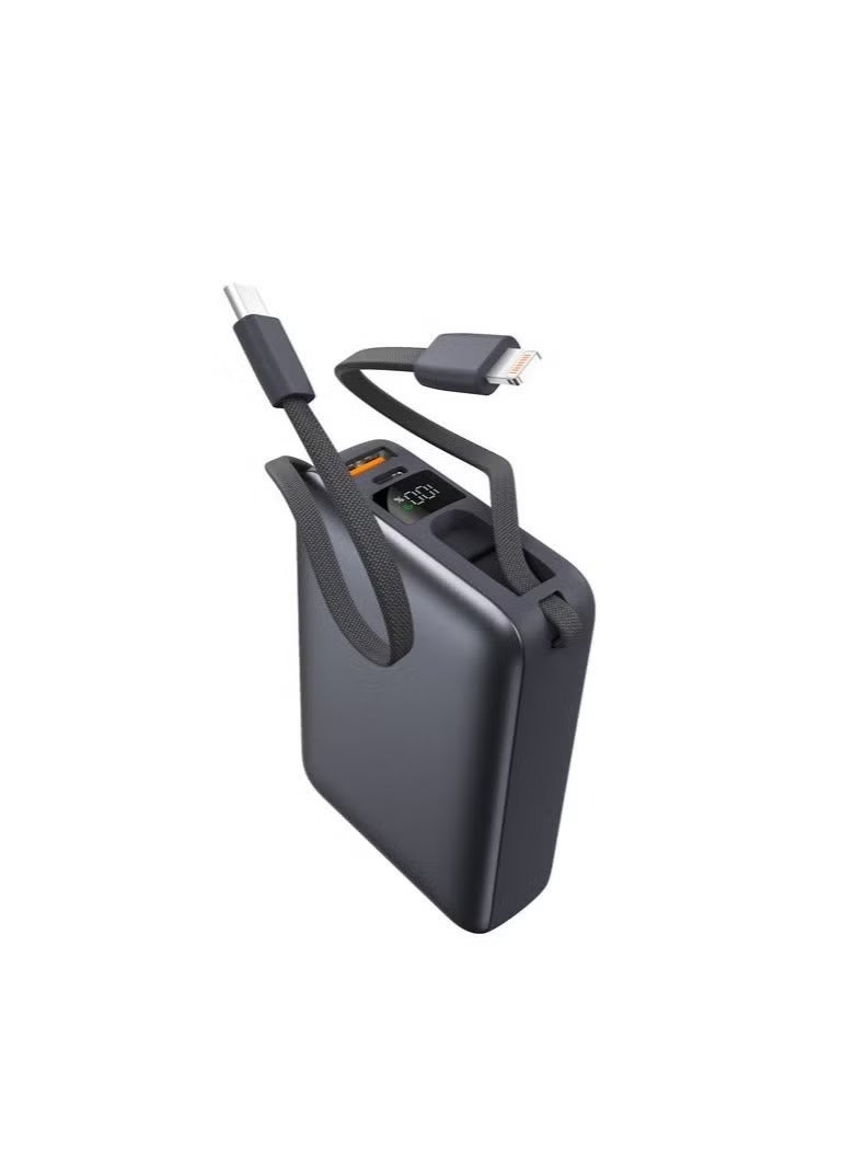 io suite The iOsuite compact 20000mAh power bank features 22.5W fast charging, is air travel-safe, charges up to 4 devices simultaneously, includes a built-in USB-C and Lightning cable, USB-C and USB-A ports, and a digital display – Gray - Image 3