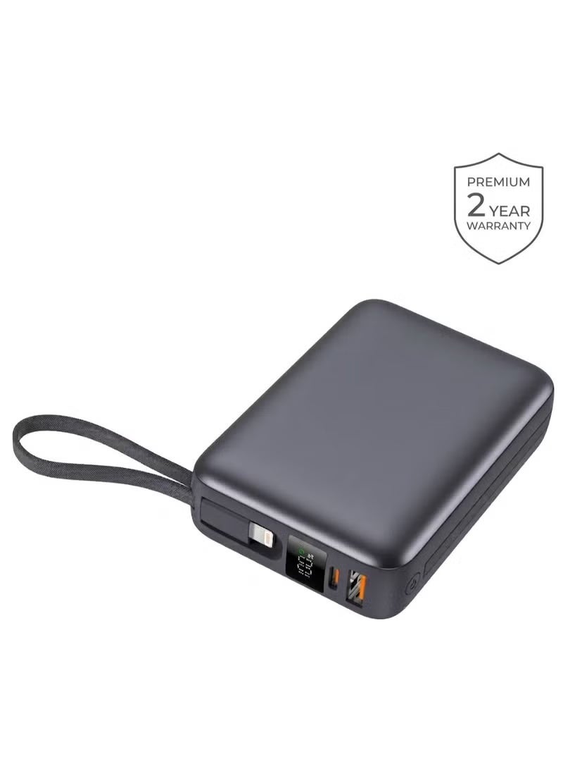 io suite The iOsuite compact 20000mAh power bank features 22.5W fast charging, is air travel-safe, charges up to 4 devices simultaneously, includes a built-in USB-C and Lightning cable, USB-C and USB-A ports, and a digital display – Gray - Image 2