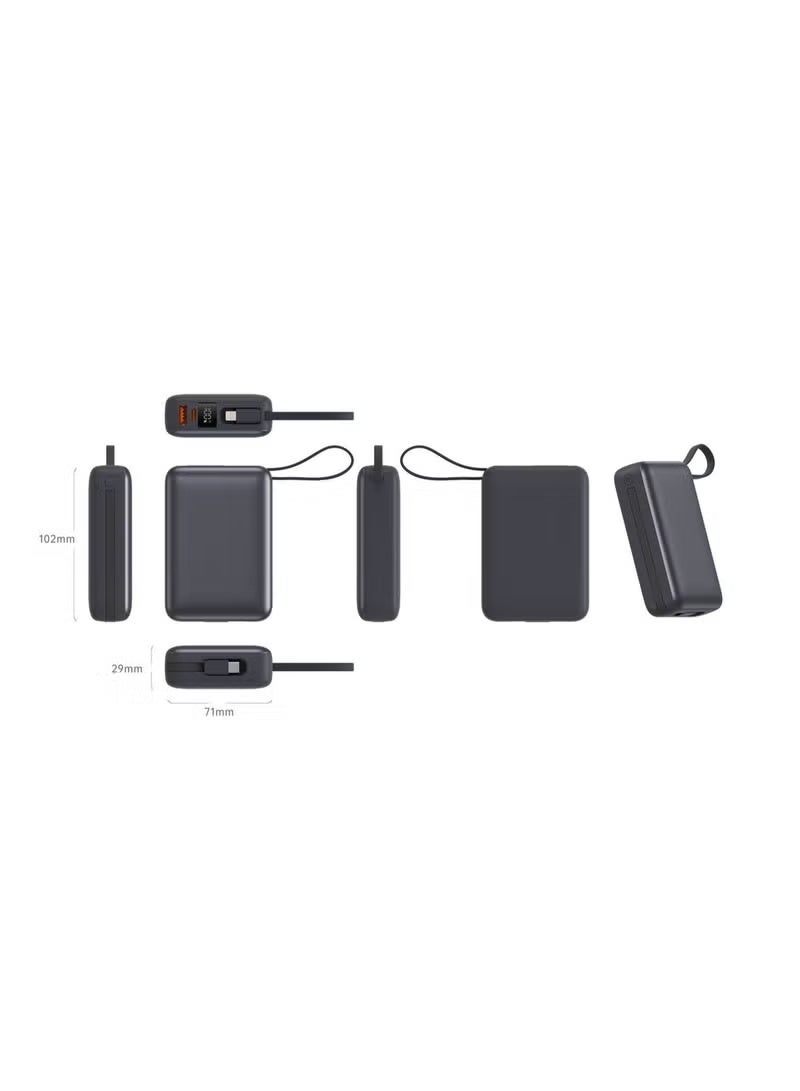 io suite The iOsuite compact 20000mAh power bank features 22.5W fast charging, is air travel-safe, charges up to 4 devices simultaneously, includes a built-in USB-C and Lightning cable, USB-C and USB-A ports, and a digital display – Gray - Image 1