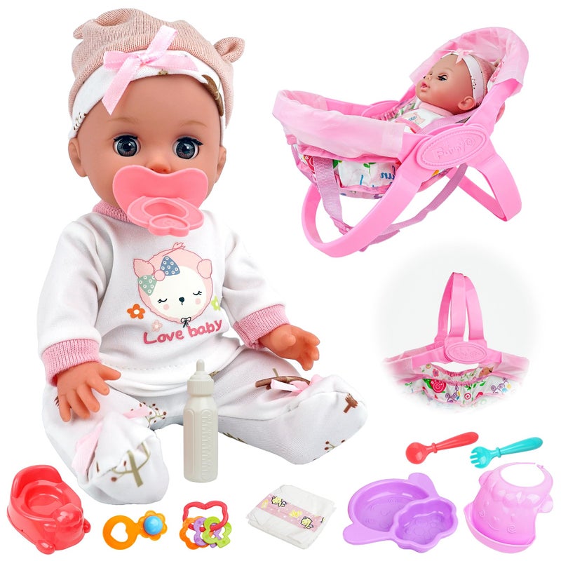 SMILESSKIDDO 14 Baby Doll with Washable Dolls Accessories Lifelike Soft Babydoll Pretend Play Includes Carrier Bassinet Bed Doll Clothes Feeding Set Gift Idea for Girls 1 2 3 Year Old - Image 2