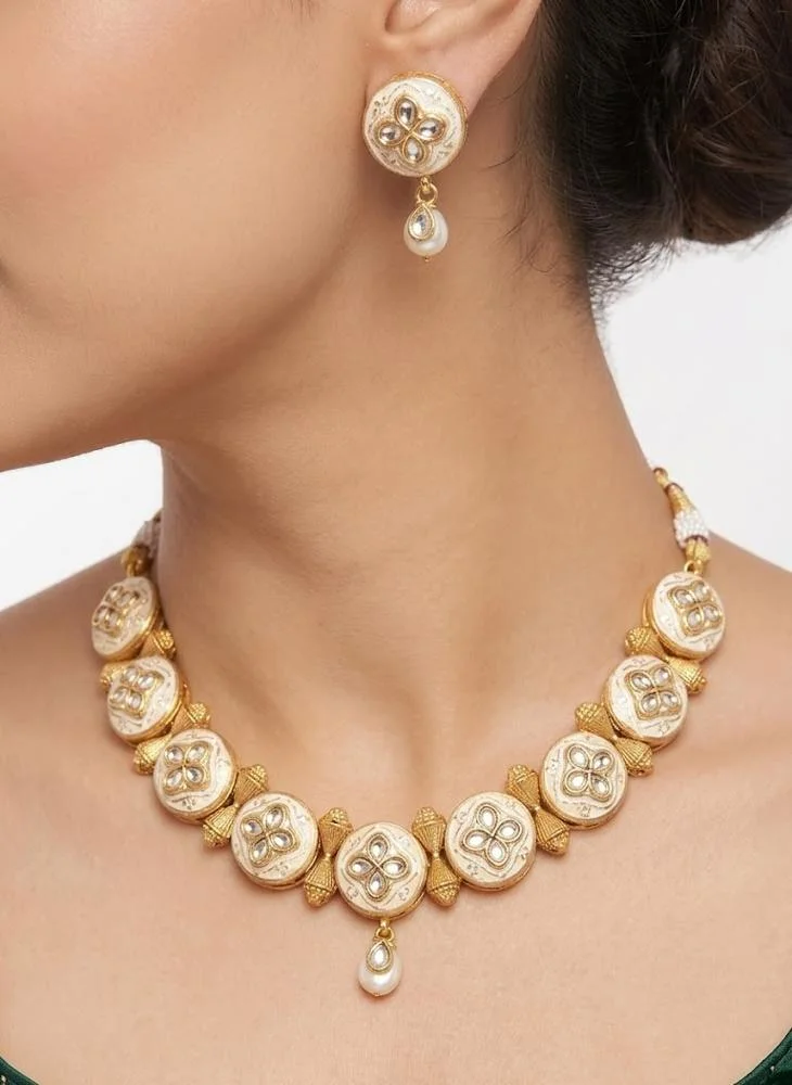 Viny White Elegant Gold-Finish American Diamond & Enamel Ethnic Imitation Necklace Set for Women - Perfect for Parties, Weddings, & Festivals (Diwali, Eid) for Women | Best Price UAE