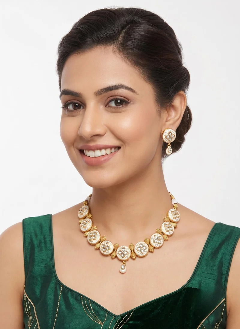 Viny White Elegant Gold-Finish American Diamond & Enamel Ethnic Imitation Necklace Set for Women - Perfect for Parties, Weddings, & Festivals (Diwali, Eid) for Women | Best Price UAE