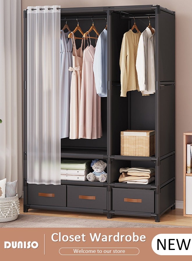 DUNISO Portable Fabric Wardrobe, Closets for Hanging Clothes with Hanging Rods, Large Capacity Clothes Storage Cabinet with Curtain, Storage Organizer with 3 Drawer Boxes for Clothes Shoes Bedroom Living room  - Image 1