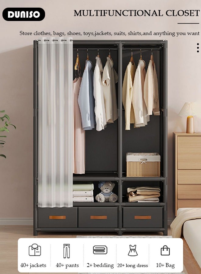 DUNISO Portable Fabric Wardrobe, Closets for Hanging Clothes with Hanging Rods, Large Capacity Clothes Storage Cabinet with Curtain, Storage Organizer with 3 Drawer Boxes for Clothes Shoes Bedroom Living room  - Image 3