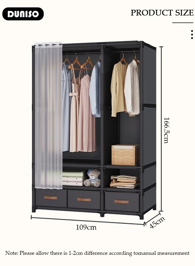 DUNISO Portable Fabric Wardrobe, Closets for Hanging Clothes with Hanging Rods, Large Capacity Clothes Storage Cabinet with Curtain, Storage Organizer with 3 Drawer Boxes for Clothes Shoes Bedroom Living room  - Image 4
