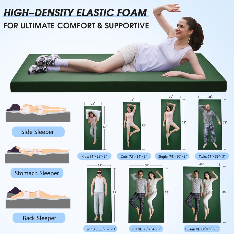 CYMULA Memory Foam Camping Mattress Pad 3 Inch Thick Portable Floor Sleeping Mat [car/Tent/Cot] Sleepover Guest Bed Roll up Cot Mattress for Indoor Outdoor Travel with Bag(Cot 72 * 24 * 3") - Image 2