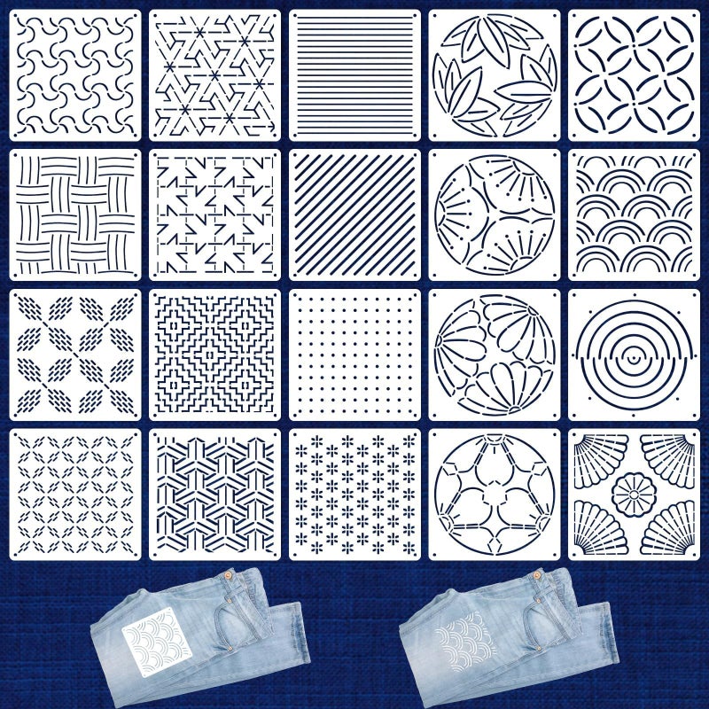 20 Pcs Sashiko Stencils 51 x 51 Inch Plastic Sashiko Template Pattern Geometric Embroidery Stabilizers Drawing Line Template for Hand Quilting Sewing