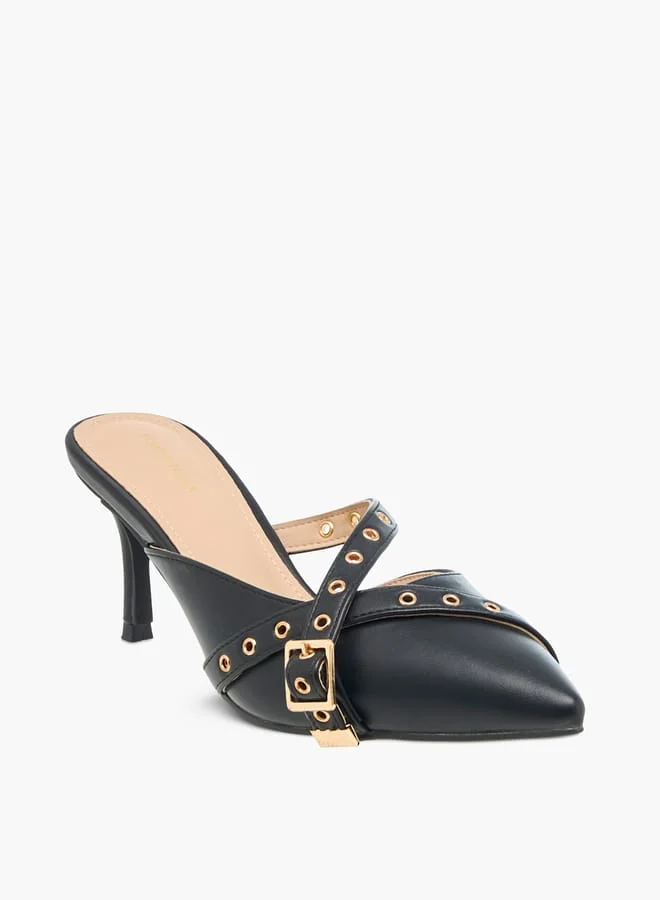 Flora Bella By Shoexpress Women Grommet Detail Slip-On Pointed Toe Sandals with Stiletto Heels