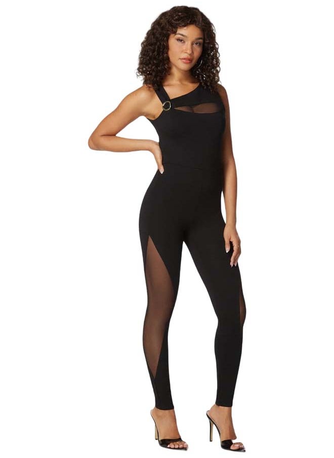 bebe Asymmetric Neckline Mesh Insert Catsuit  - Image 1