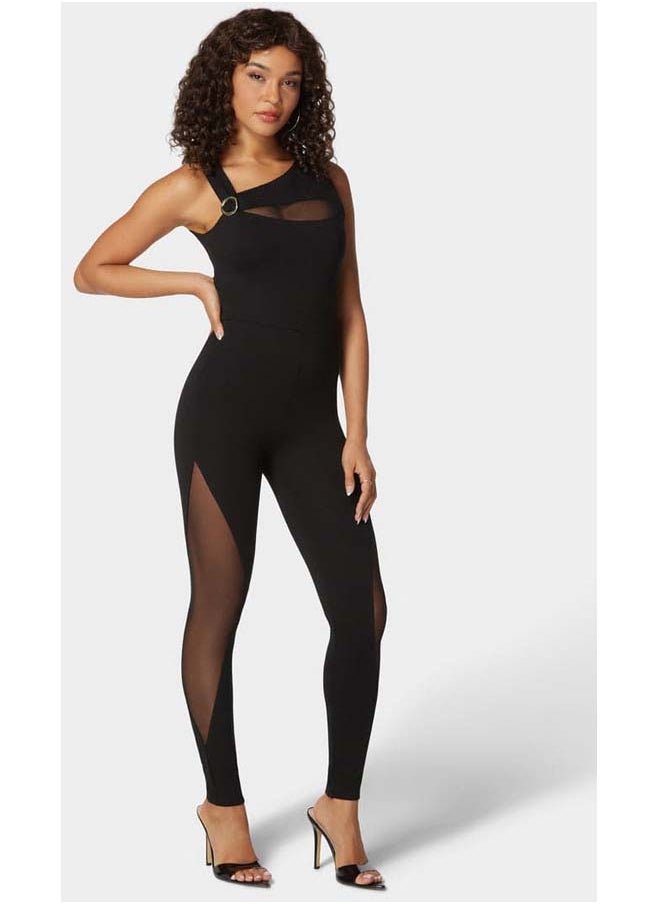 bebe Asymmetric Neckline Mesh Insert Catsuit  - Image 2