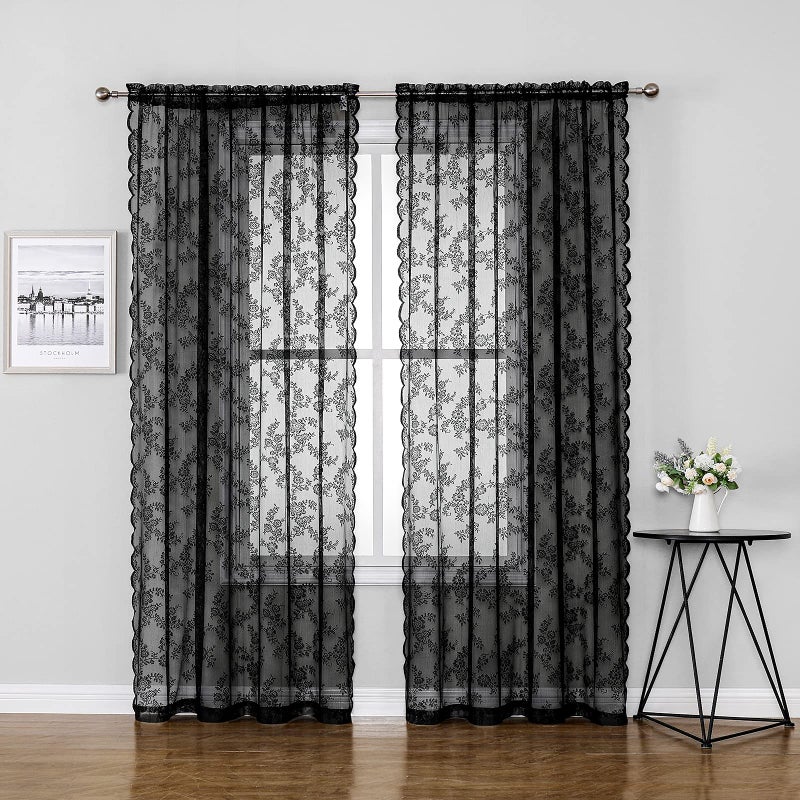 Urban Lotus Black Sheer Curtains 95 Inches Long for Living Room Divider Set of 2 Lace Panels Light Filtering  Privacy Rod Pocket Window Drapes Floral Lace Embroidered Curtains for Christmas Decoration 55w
