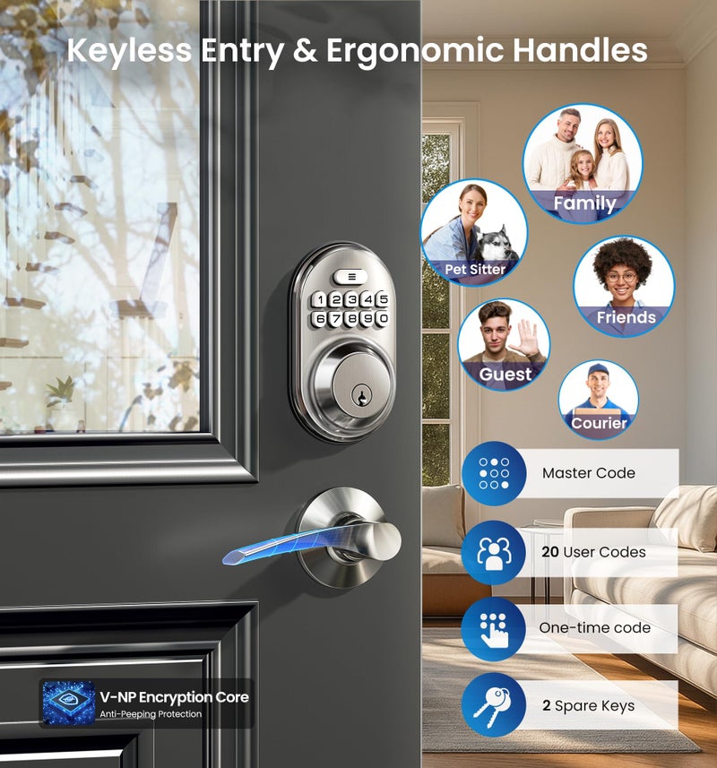 Veise Keyless Entry Door Lock with 2 Lever Handles - Electronic Keypad Deadbolt, Auto Lock, Back Lit & Easy Installation Design, Front Door Handle Sets, Satin Nickel - Image 2