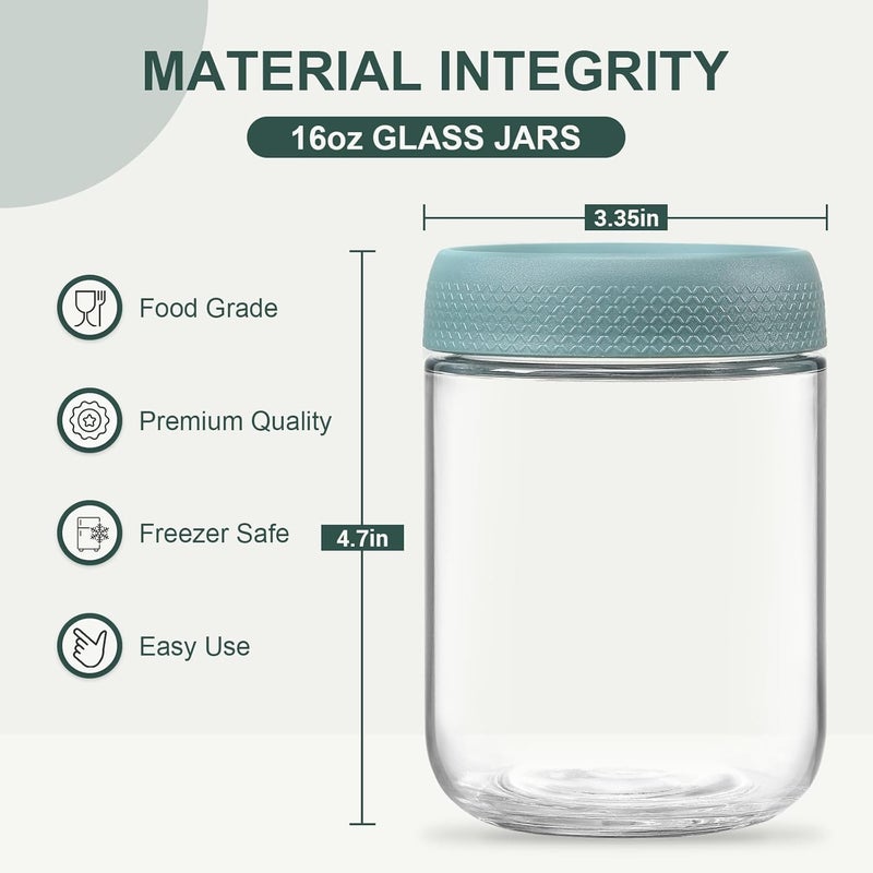 6-pack 16oz Glass jars with Airtight Lids, Overnight Oats Containers with Lids, Wide mouth Mason Salad jars, Glass Food Storage Containers for Snacks Yogurt Spice Sugar - Green - Image 2