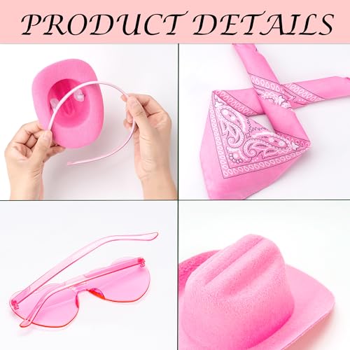 Eybila Pink Cowgirl Hat Headband Mini Tiny Cowboy Hat Heart Glasses Bandana Women Halloween Party Costume Accessories Set - Image 2