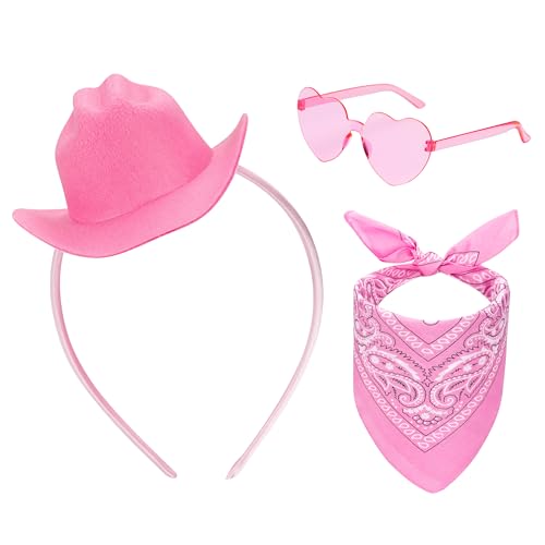 Eybila Pink Cowgirl Hat Headband Mini Tiny Cowboy Hat Heart Glasses Bandana Women Halloween Party Costume Accessories Set - Image 1