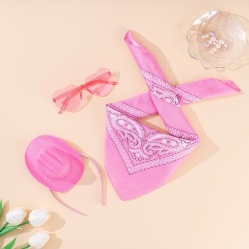 Eybila Pink Cowgirl Hat Headband Mini Tiny Cowboy Hat Heart Glasses Bandana Women Halloween Party Costume Accessories Set - Image 4