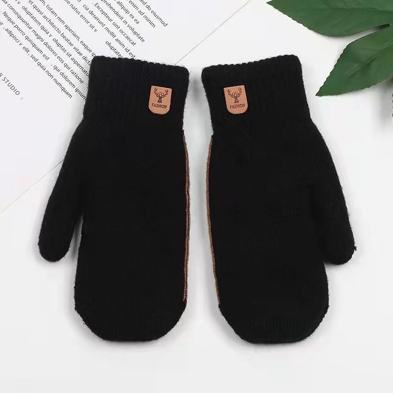 Winter Gloves Warm Knitted Thicken Mens TouchscreenAntler label connecting finger bag [black]] Antler label connecting finger bag [black]] 