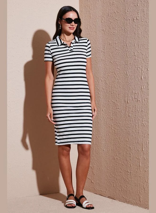 Lela Lela Stretch Slim Fit Buttoned Polo Collar Short Sleeve Mini Length Striped Dress Women's DRESS 5866167